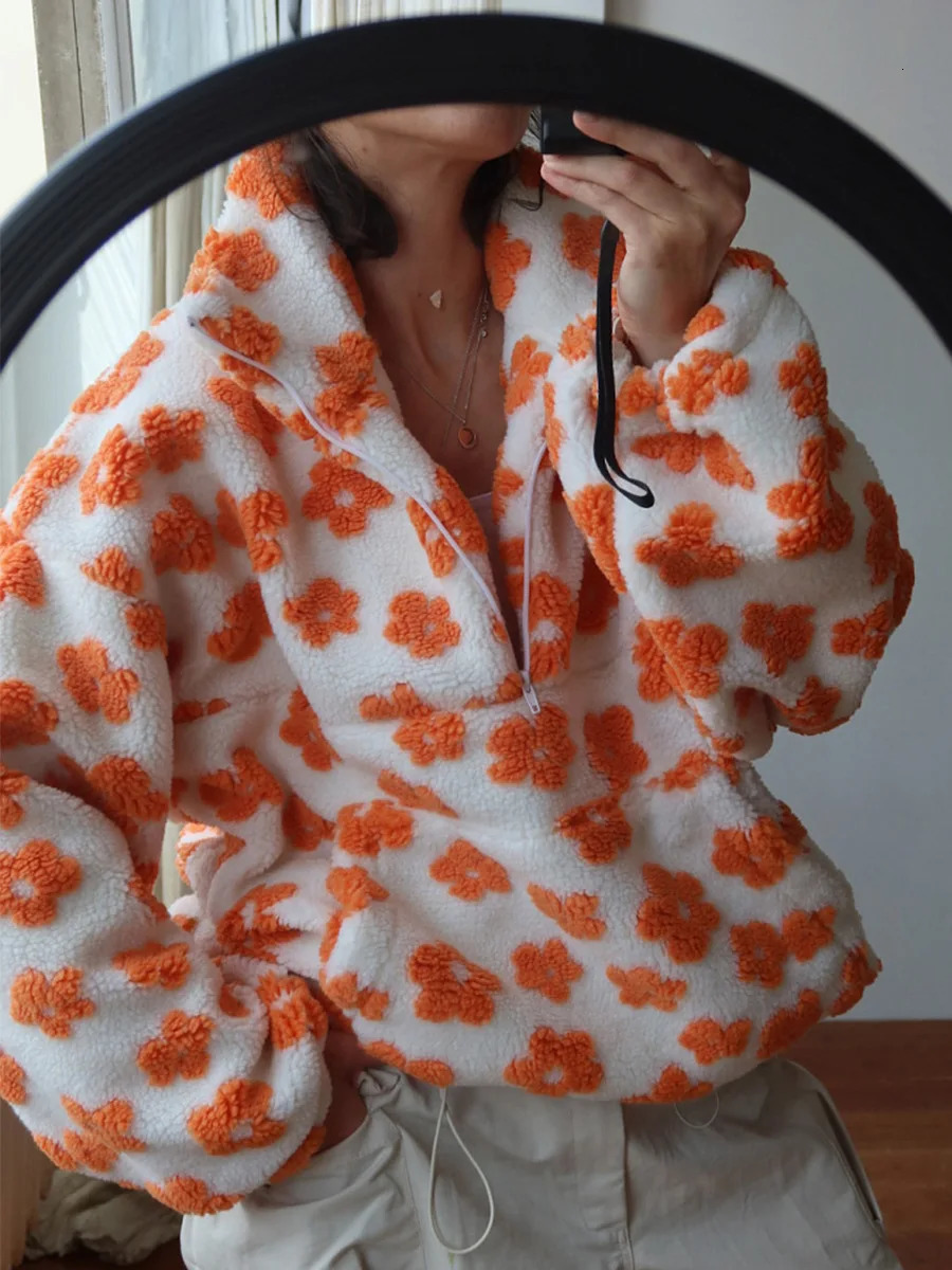 Bornladies Autumn Winter Womens Sherpa Floral Pullover Hoodies Half Zip Style Loose Fit Warm Stylish Sweatshirt 251017