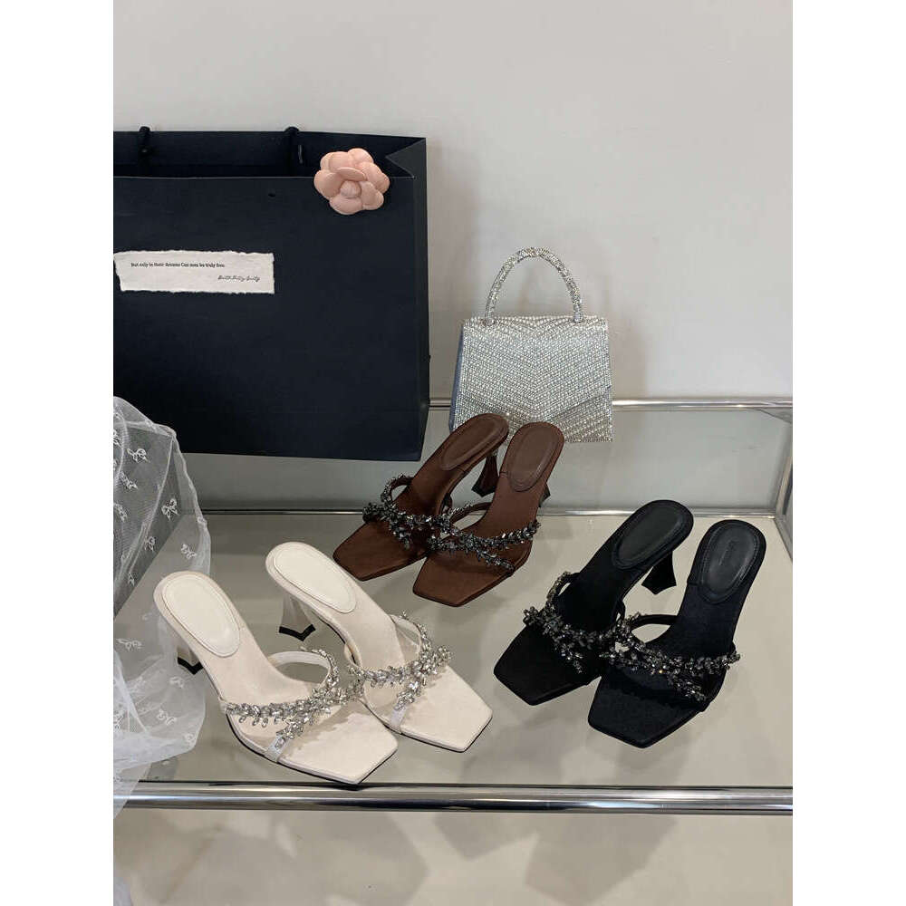 2025 Runway Style High Heels Mature Rhinestone Satin Open-Toe Sandals Designer Shoe Fashion Square-Toe Women's Slippers
