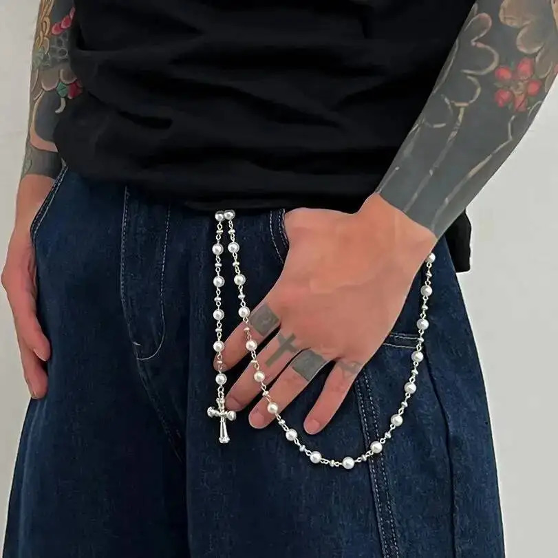 Ingemark Creative Cross Pendant Pearl Keychain Wallet Belt Chain for Men Women Trousers Hipster Jeans Chain Jewelry 251021