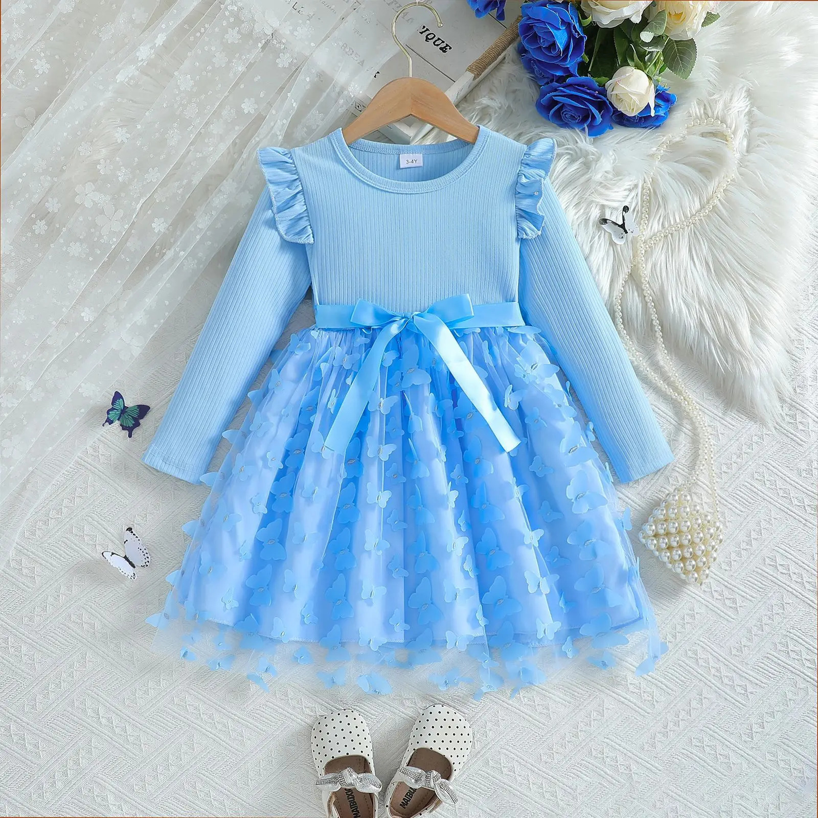 Custom Made Girls Dresses Girl Three Butterfly Sweet Mesh With Belt Long Sleeved Dress Vestidos De Beb 251021