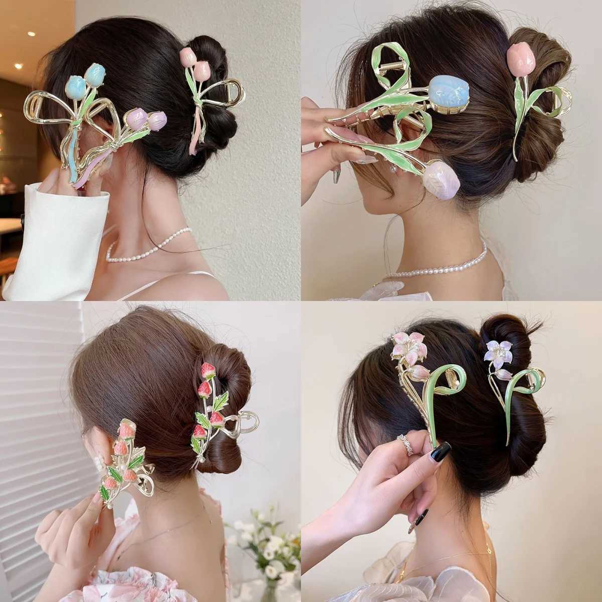 Womens Alloy Claw Hair Clips Antiskid Shark Clips Plate Hair Grab Clips Flower Hair Clips Girls Daily Hair AccessoriesW254021