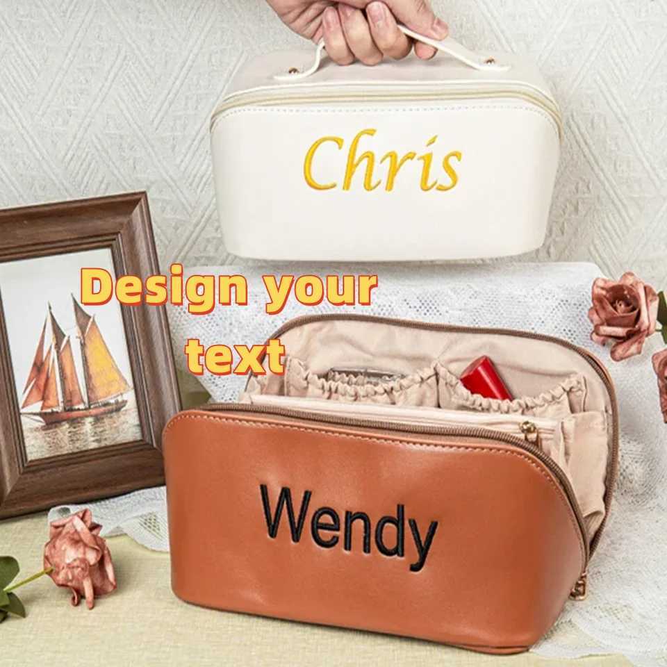 Customized Personalized Leather Square Cosmetic Bag Beauty Skin Care Large Capacity High Quality Portable Handheld Cosmetic CaseW251021