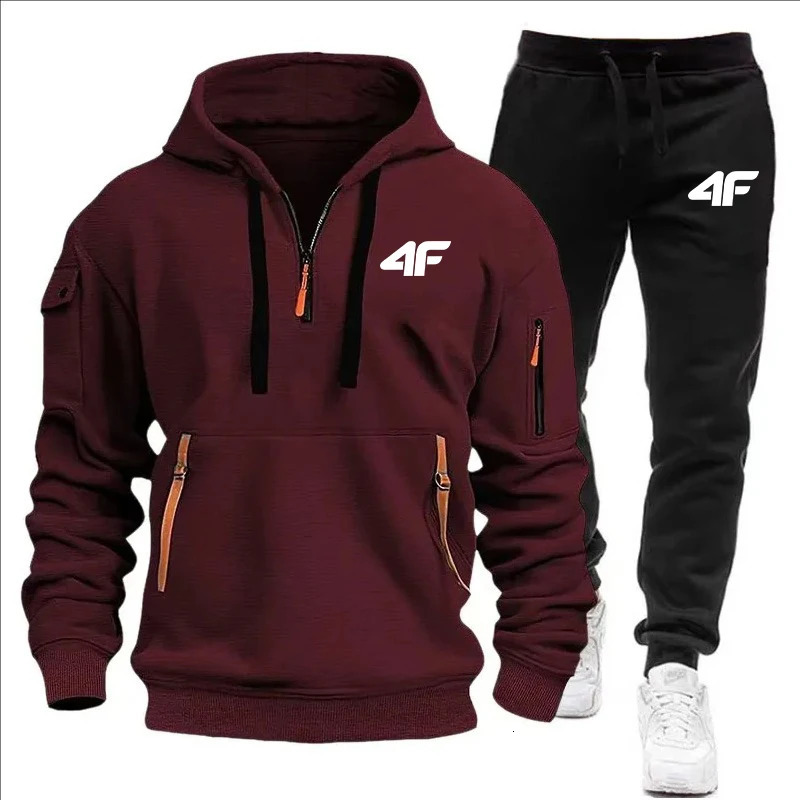 Mens tracksuit zipper hood multipocket and protective pants casual jogging tracksuit fallwinter 2piece setLarge size S3XL 251021