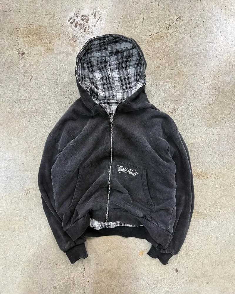 Retro Y2K trendy checkered simple design fashionable loose sweatshirt Gothic Harajuku punk couple casual zipper jacket W251021