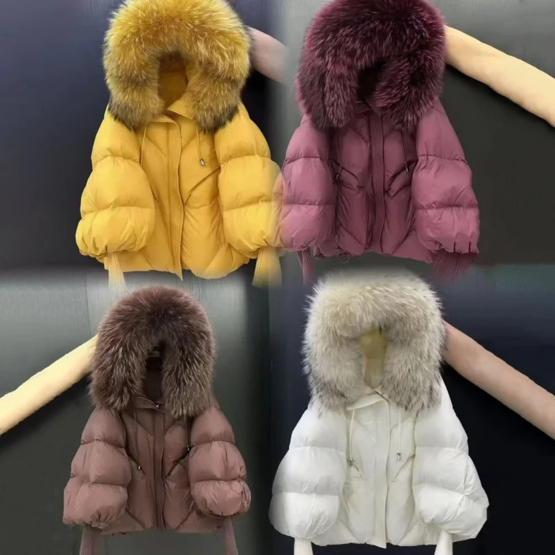 Winter Raccoon Hair Collar Hooded Down Jacket High Quality Womens Fashion Casual Thick Warm Knitted Sleeves Goose Coat 251017
