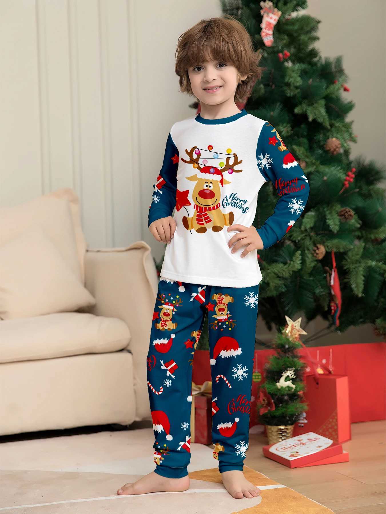 Christmas Family Pajamas Matching White Navy Set with Reindeer Lights Prints L25102134WD