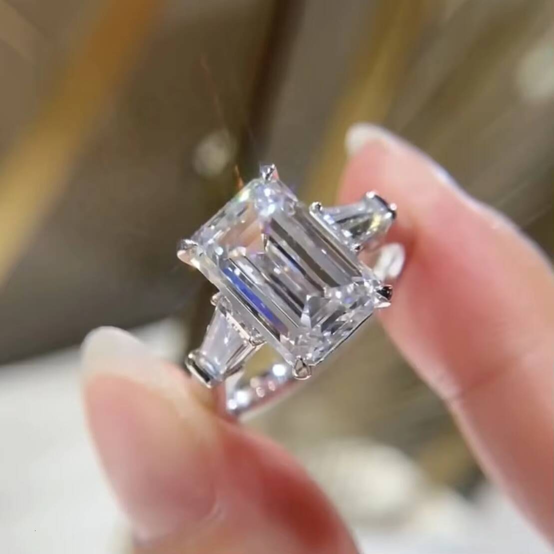 14K White Gold VVS DEF Color 4CT Emerald Cut CVD Lab Diamond Engagement Ring Three Stone Design