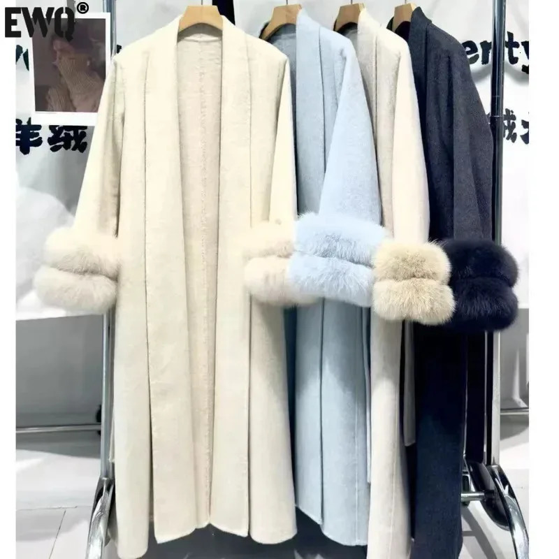 EWQ Double Sleeved Fur Fox Fur Thick Outerwear Purple Wool Coat Beautiful Overcoats Cardigan With Belt Autumn Winter 251017