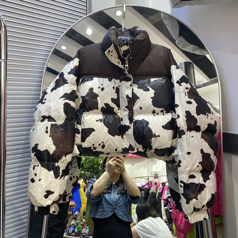 Winter Stand Collar Milk Print Short Parker Down Jacket Women White Duck Puff Warm Female Zipper Drawstring Outwears 251017