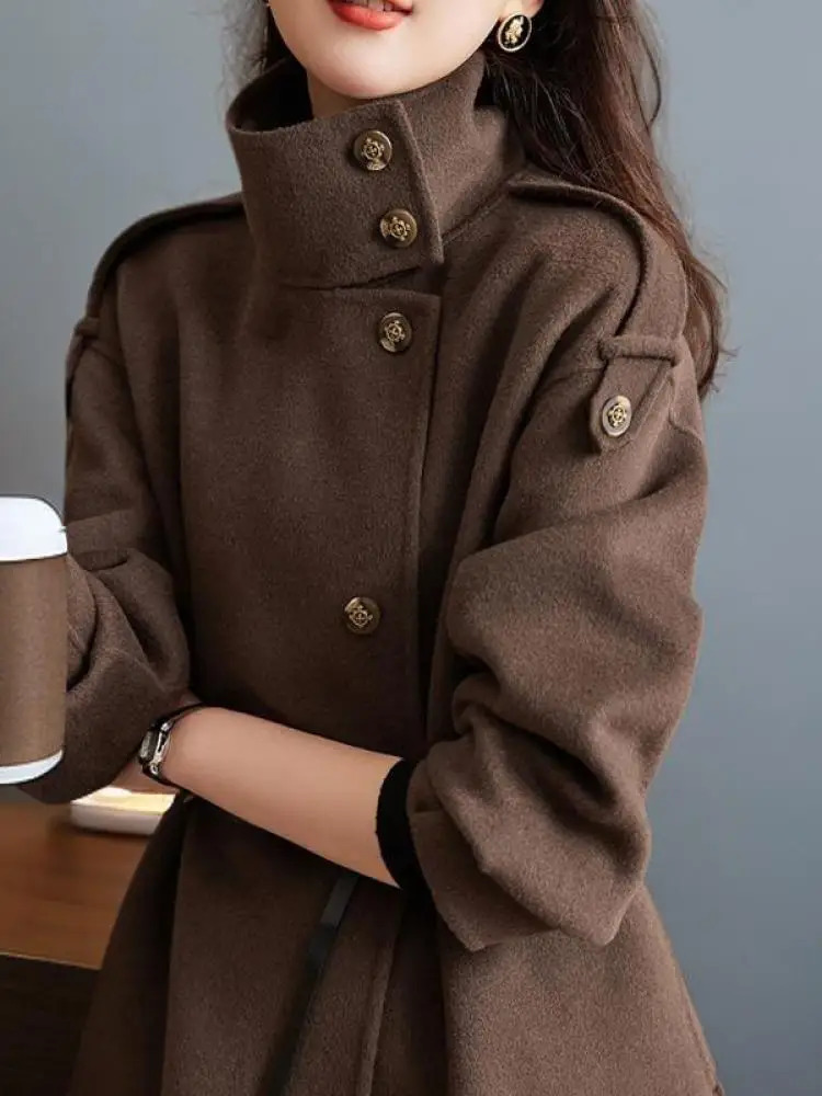 Korean Version Women Brown Single Breasted Woolen Coat Autumn Winter Vintage Long Sleeve Loose Holiday Tops Ladies 251017