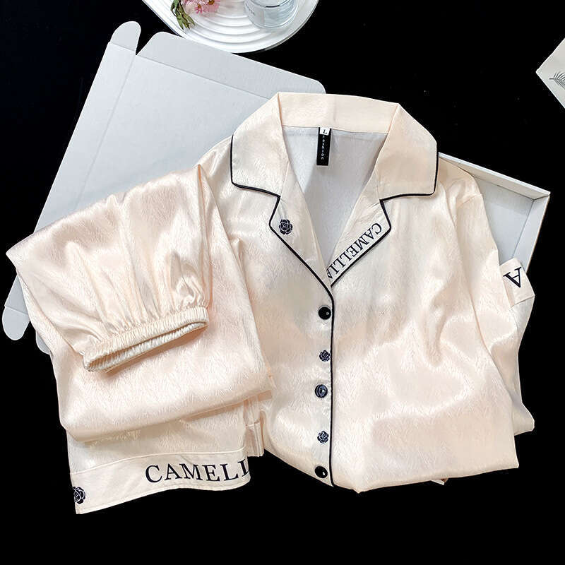 Ice Silk Pajamas for Women, Little Fragrance Style, Camellia, Spring Summer, Elegant High-end Feel, Letter Sleeve and Long Pants Homewear Set