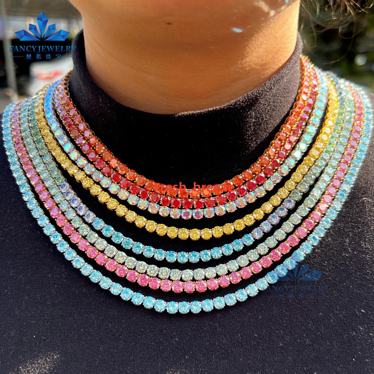 Colorful Moissanite Chain Red Green Blue Yellow Pink Diamond 5mm Gold Plated Chain 925 Silver Tennis Link Necklace for Man Women