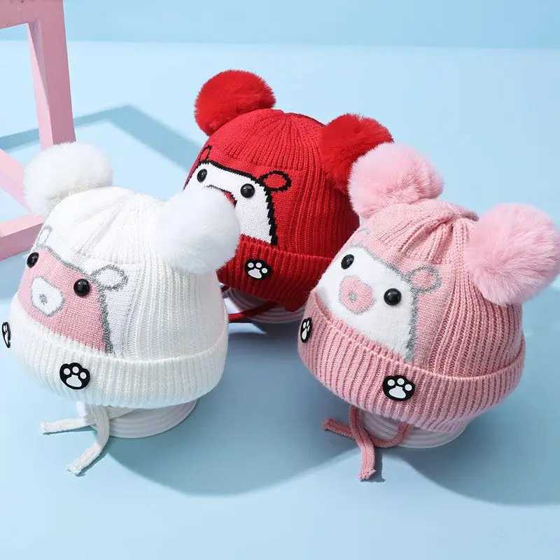 Cute Cartoon Baby Earmuffs Cap Plush Ball Children Ear Protection Hat 26year Baby Winter Woolen Warm Knit Hats Laceup Beanies J251021