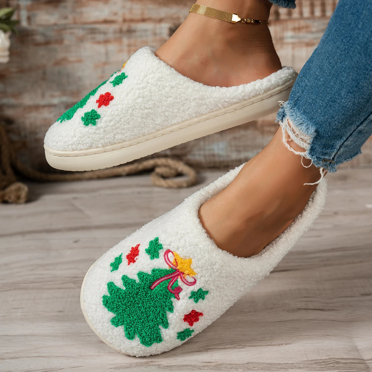 Christmas Tree Embroidery Pattern Winter Bedroom Cute Womens Slippers Cartoon Indoor Soft Casual Warm Cosy Plush Home Shoes 251021