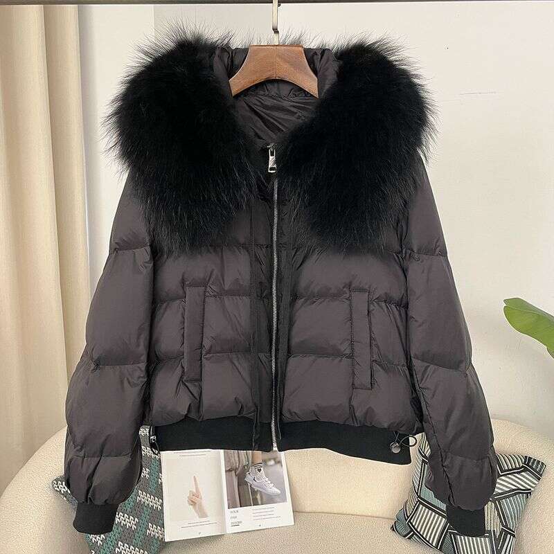 Women Clothing Ready to stock detachable oversized raccoon fur collar winter women short thickened white duck Warm jacket flat coat