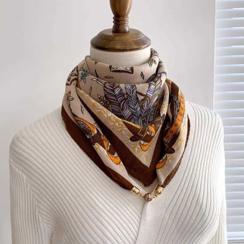 Magnetic Buckle Printed Womens Scarf Luxurious Cotton Linen Autumn Soft Satin Square Scarf Elegant Matching Clothing Gifts W251021