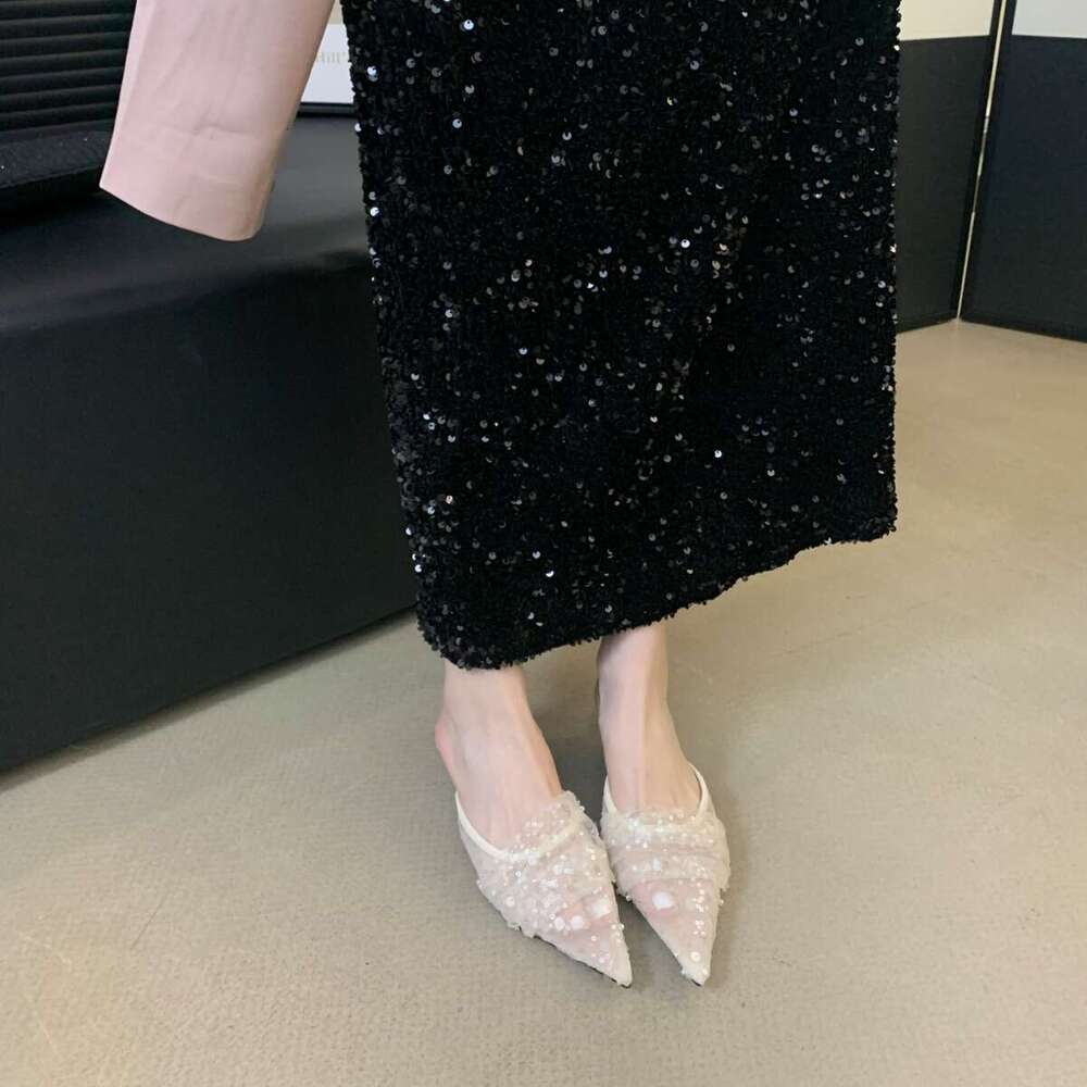 Pointed Toe Shallow Mouth Mules 2025 Spring New Women's Designer Lace Hollow Shoes Thin Mid Heel & Versatile for Outdoor Wear