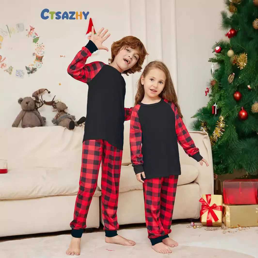 2024 new Christmas solid color plaid family home wear pajamas pajama pants 2 sets mom dad children baby and dog jumpsuit L251021M4PV