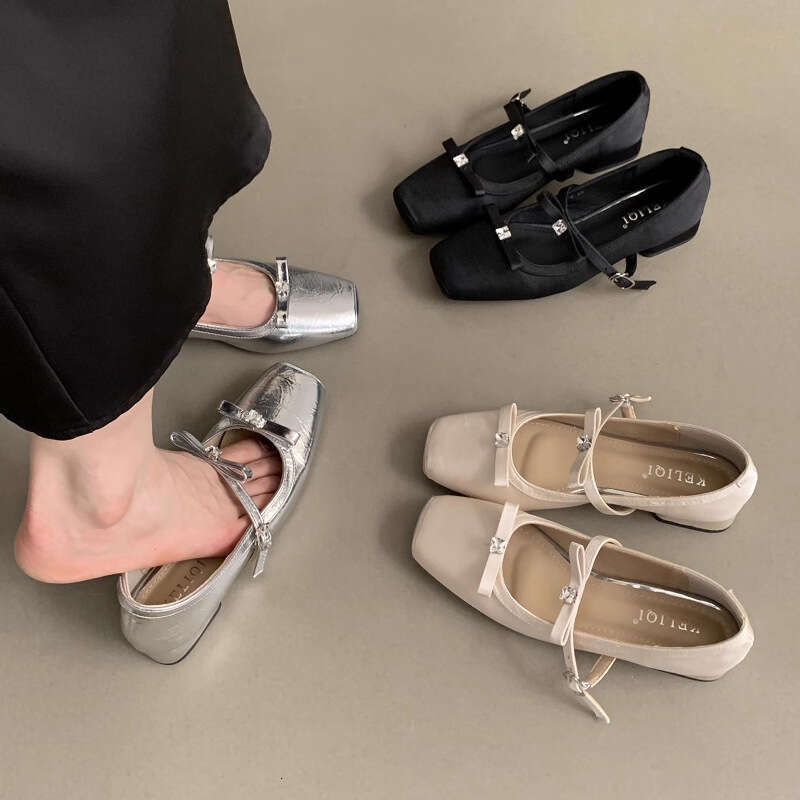 Designer Shoe Silk Satin Silver Single for Women New Bowknot French Style Elegant Fairy Dress with Chunky Heels Mary Jane Shoes