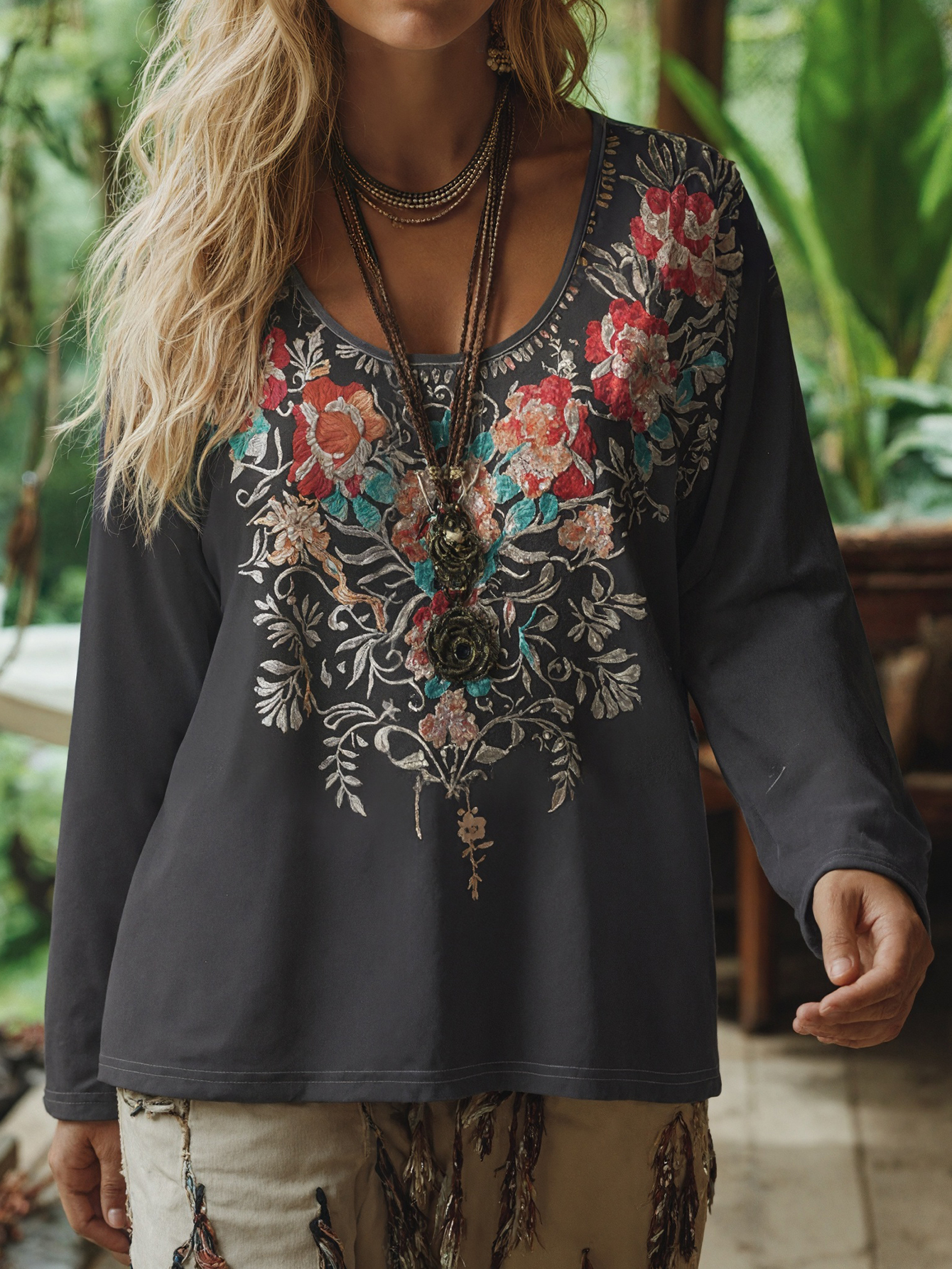 Women's Autumn & Winter New Ethnic Style Floral Printed Fashion Long Sleeve Top, Milk Silk Casual Versatile T-Shirt (S-XXL, Black)-CF52893