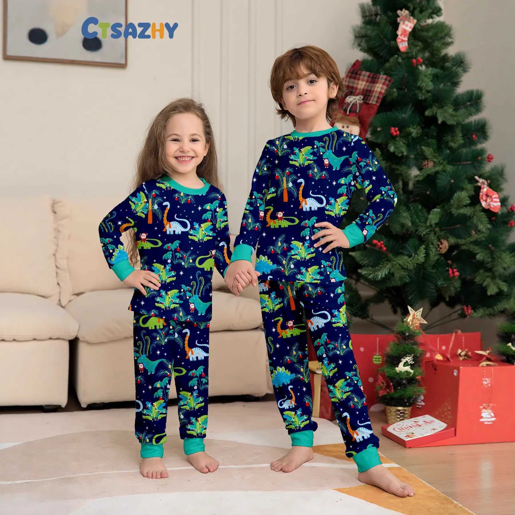 A family of boys girls babies and dogs with printed flowers European dinosaur Christmas parentchild pajamas and home wear L251021C211
