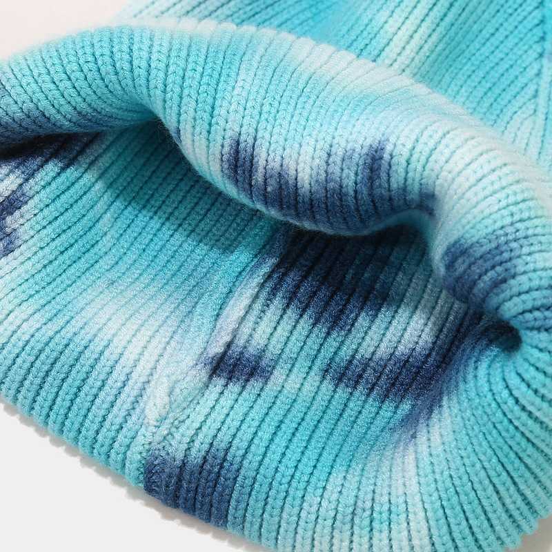 New Tie Dyed Knitted Hat Womens Autumn and Winter Outdoor Warm Hat Core Spun Yarn Crimped Wool Hat H251020