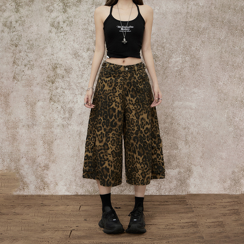 2025 American leopard print women's jeans summer new straight tube loose high waist slim fit versatile autumn and winter new designer pants wide 