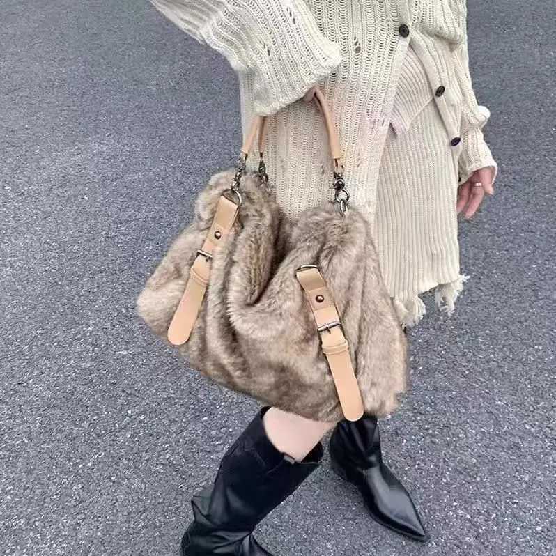 JIAERDI Plush Large Capacity Tote Bag Women Vintage Autumn Winter Fur Soft Khaki Handbag Female Retro Casual Messenger Bag Y2k Z251018