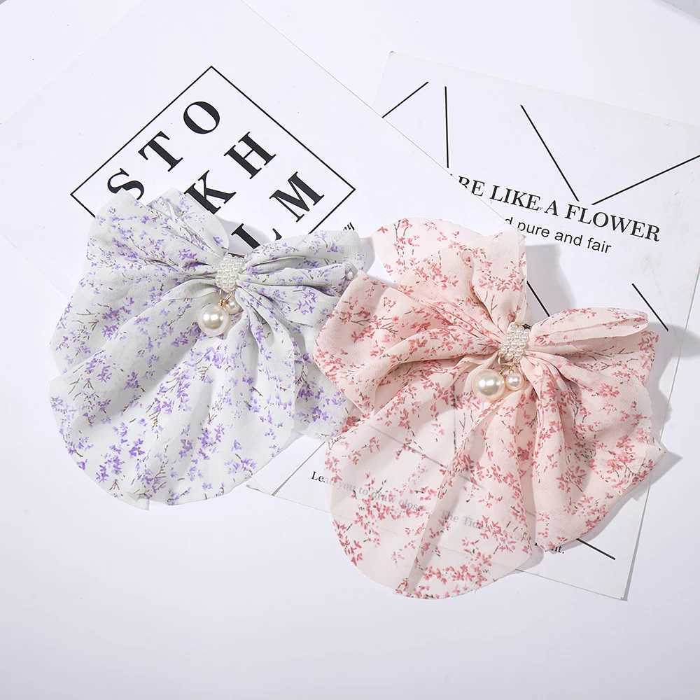 Ladies Bow Hair Accessories Fashion Hairgrip Chiffon Ribbon Hairpins Spring Ponytail Barrettes Pearls Women Girls Hair Clips TieW254021