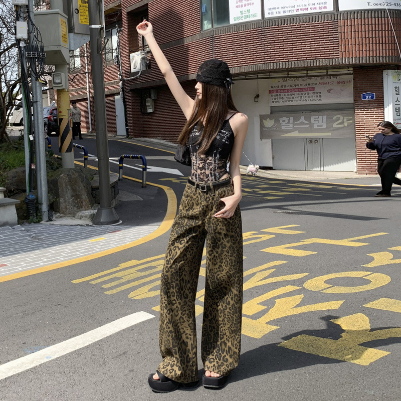 2025 luxury pants designer pants American retro leopard print wide leg jeans autumn and winter new casual loose men's and women's leopard pr