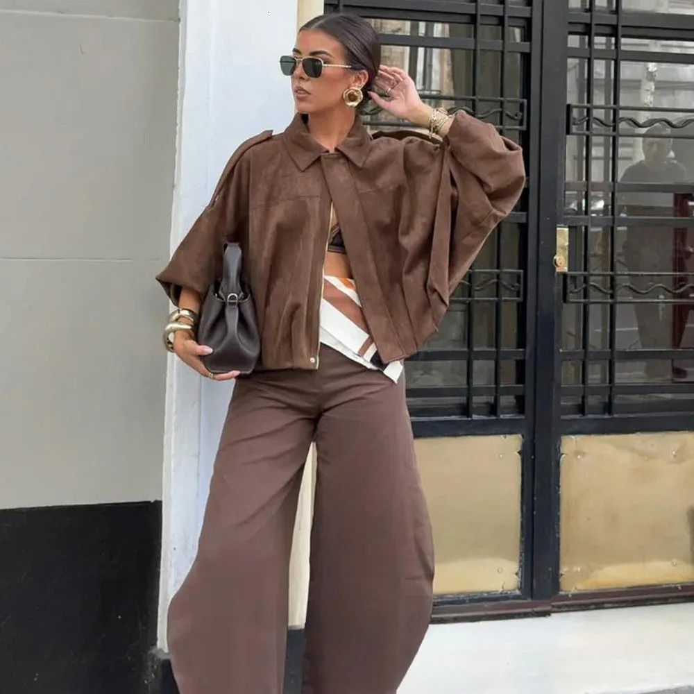 KONDALA Fall Winter Womens Bomber Jacket Lapel Long Sleeve Zipper Suede Women High Street Jackets Coats Outerwears 251021