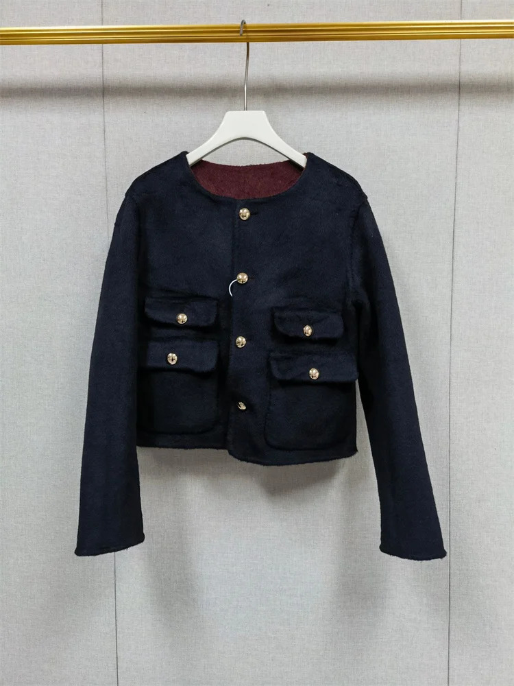 Autumn Winter Womens DoubleSided Woolen Short Coat Round Neck Long Sleeve Female SingleBreasted Warm Jacket Top with Pockets 251013