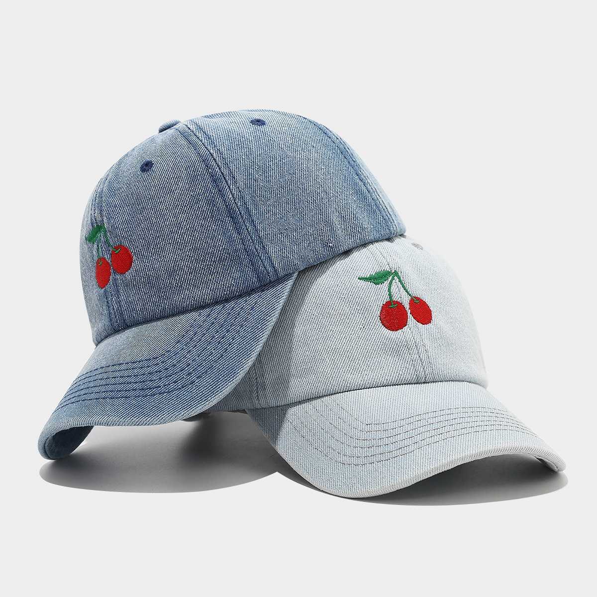 Denim Cherry Embroidery Baseball Cap for Women Trendy Spring Autumn Outdoor Shopping Casual Sun Hat Elegant Temperament Baseball Cap H251020