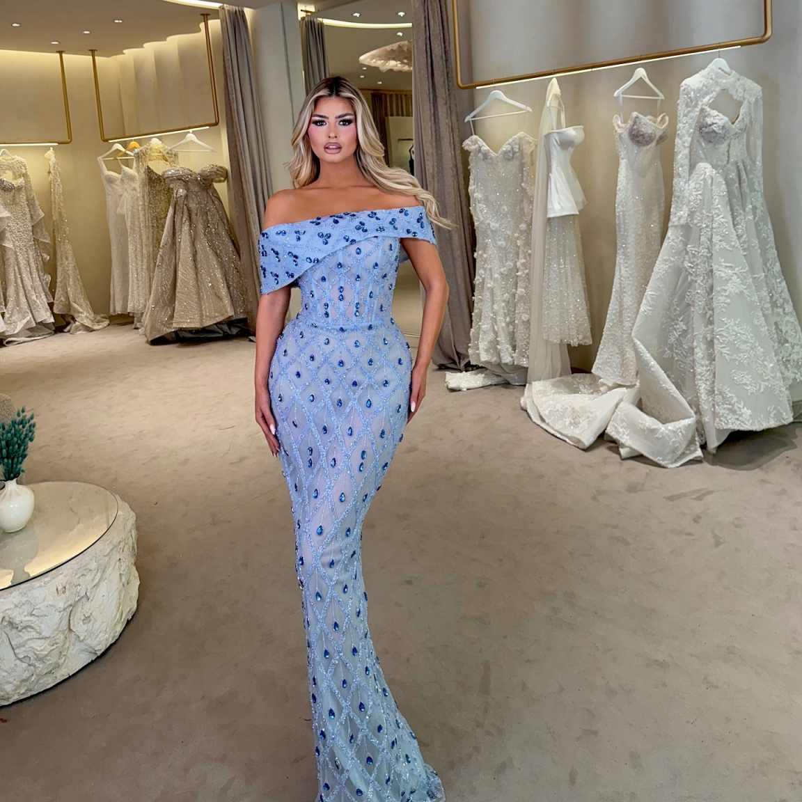 Fashion Mermaid Evening Dress Sleeveless Prom Gowns Boat-Neck Beads Satin Sexy Prom Dress vestidos de novia Size Customized Robes De Mariee L252708