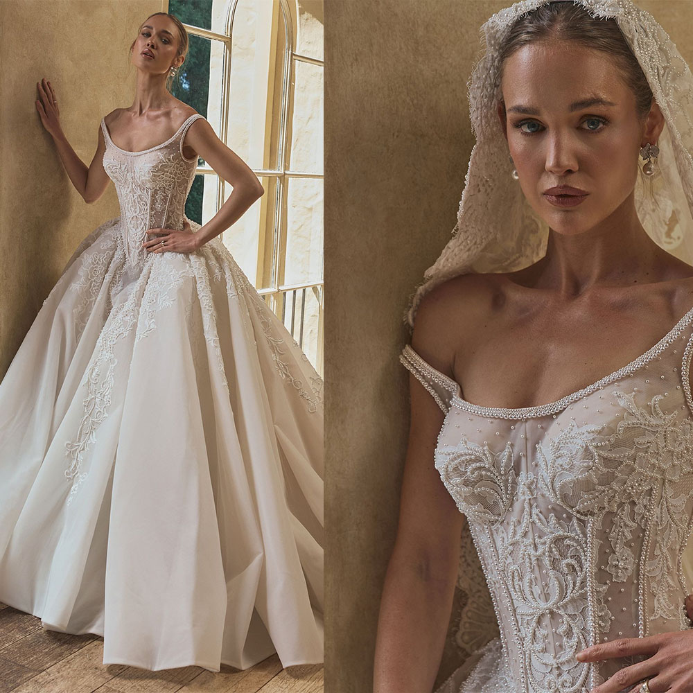 Vintage A Line Women Wedding Dress Off Shoulder Sleeveless Bridal Gowns Appliques Pearls Beaded Detachable Train Dress Customized vestidos de novia