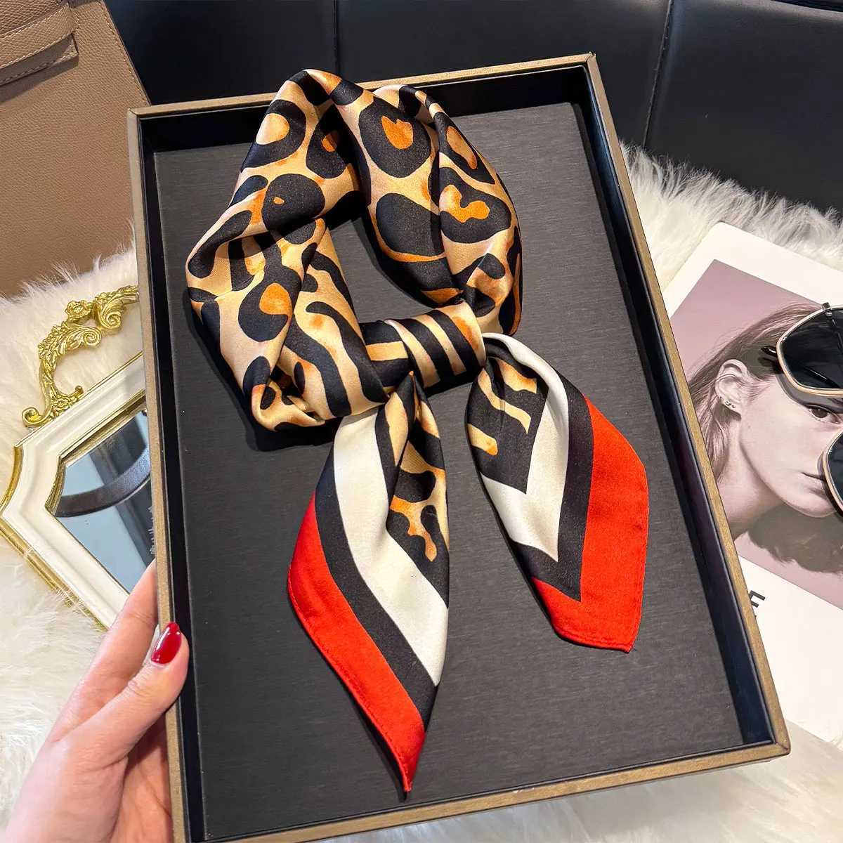 Luxury Leopard Print 7070cm Square Scarf Women Soft Satin Hairband Neckerchief Tie Female Headband Foulard Mothers Day Gift W251021