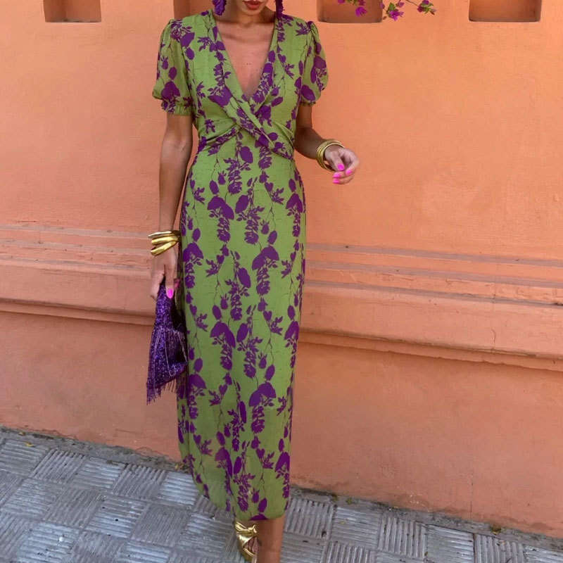 2025 Women's Autumn Fashion Color Block Print Long Elegant Slim Fit V-neck Short Sleeve Dress