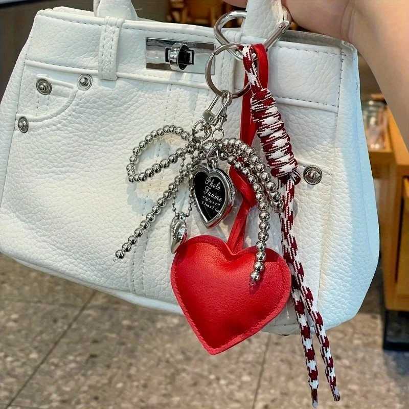 Trendy Leather Heart Bow Keychain Delicate Beaded Keyring Car Key Holder Bag Pendant Decoration For Girls Gift J251121