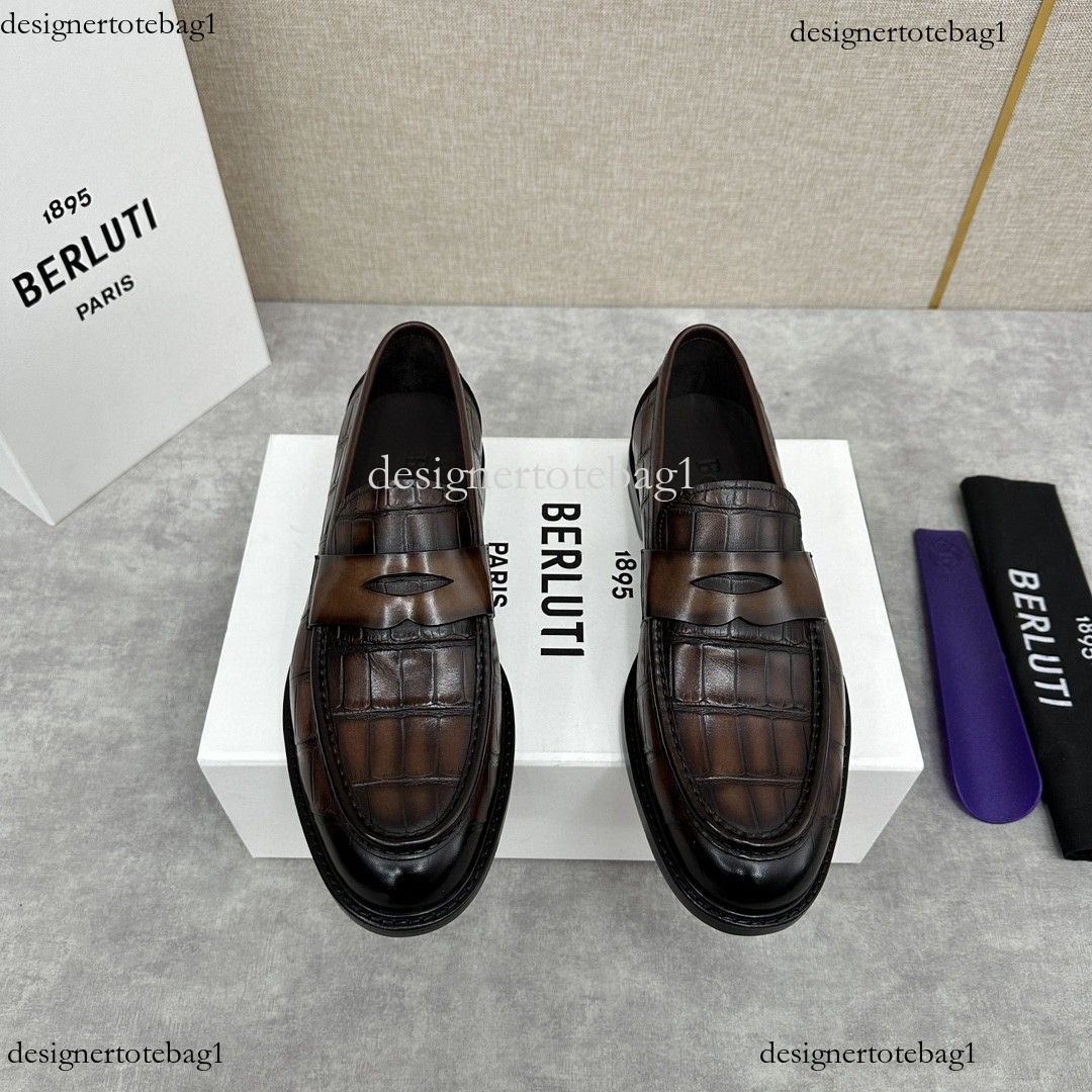 Men's Business Formal Slip-On Loafers - Embossed Calfskin, Polished Finish, Round Plain Toe