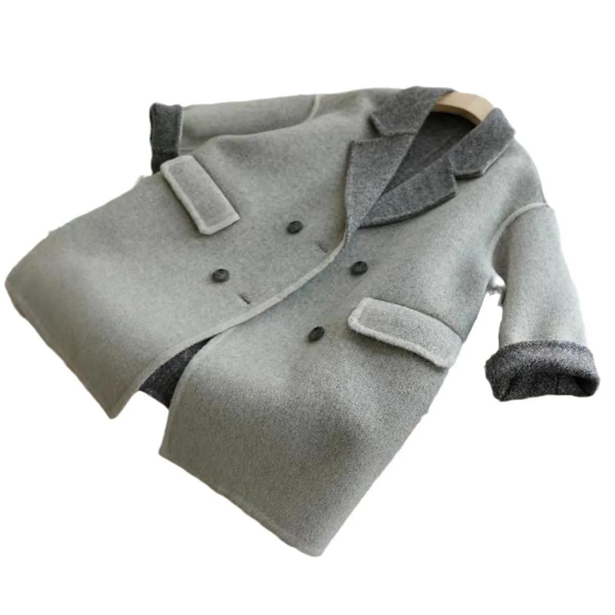 Childrens Autumn and Winter Gray Doublesided Cashmere Coat for Boys with Color Combination and Thickened Woolen Coat 251017