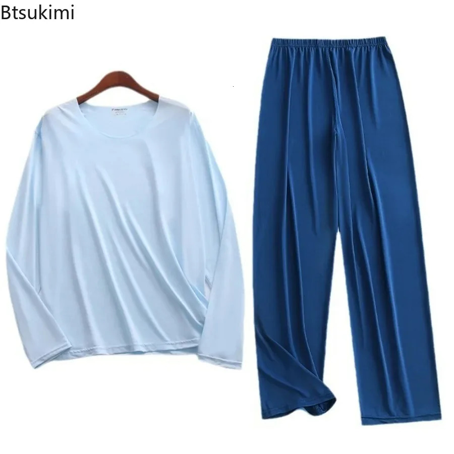 Plus Size 5XL Men Ice Silk Pajama Set Solid Long Sleeve Tops and Pants Sleepwear 2pcs Sets Soft Comfy Lounge Home Nightwear Male 251021