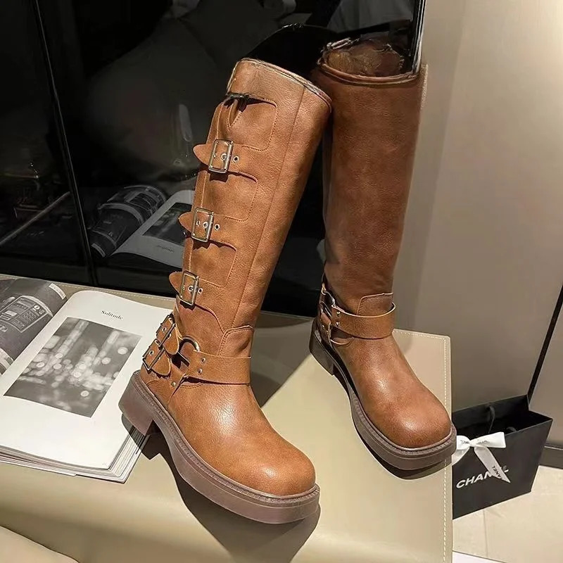 Rose Romance Knight Boots Womens Chunky Heel MidCalf Western Cowboy Boots eepskin Leather Inner Material PU Outer Material 251021