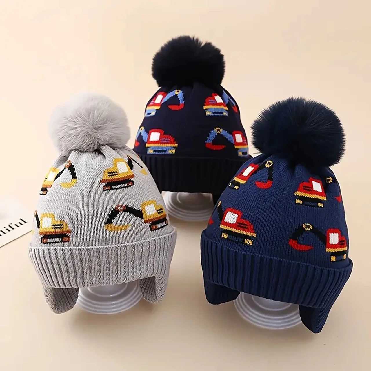 Pompom Beanies Winter Warm Baby Earmuffs Cap Toddler Ear Protection Hat 14year Kids Woolen Knit Hats Fashion Car Boys Bonnet J251021
