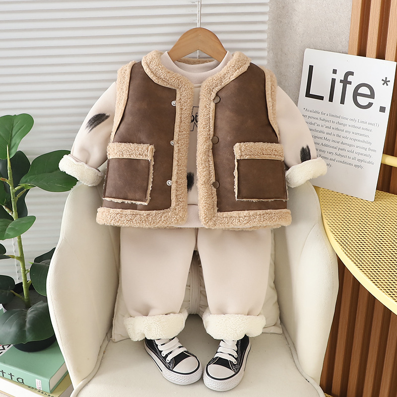 Winter Warm 2025 Boys Fleece-Lined 3-Piece Set, Hoodie Vest Pants Winter Outfit for Toddler Boys