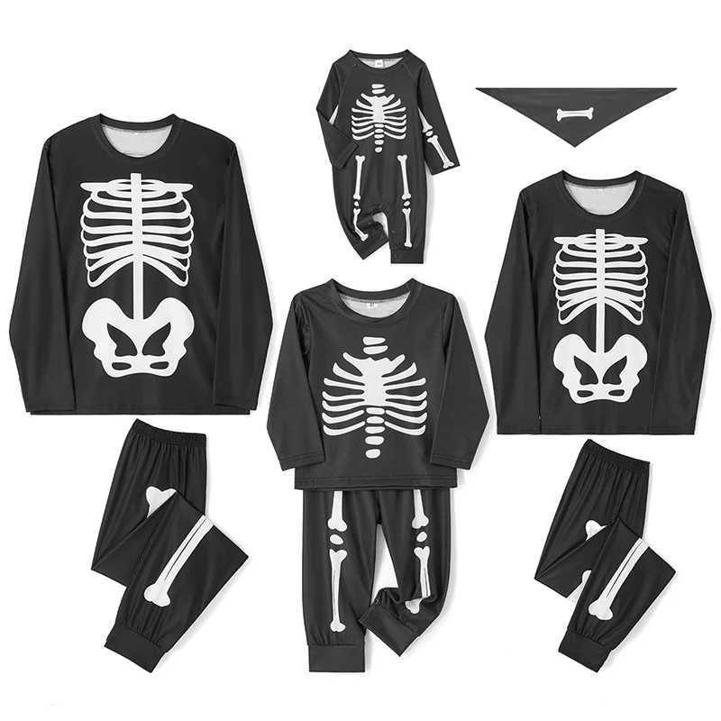 Family Matching Outfits Halloween Skeleton Print Long Sleeve Hooded Romper Jumpsuits Fall Winter Dad Mom Kids Baby Clothes L251021KTII