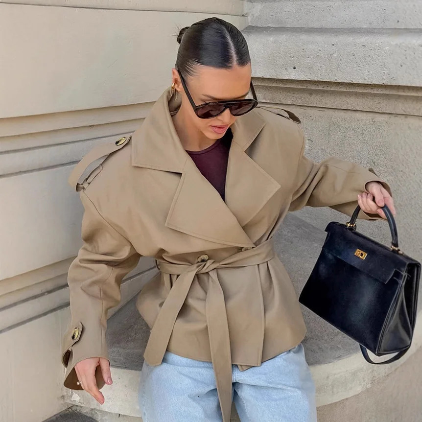 Women Fall Laceup Cropped Trench Coat Fashion Lapel Long Sleeves Wide Shoulder Windbreaker Jacket Commuting Daily Jackets 251017