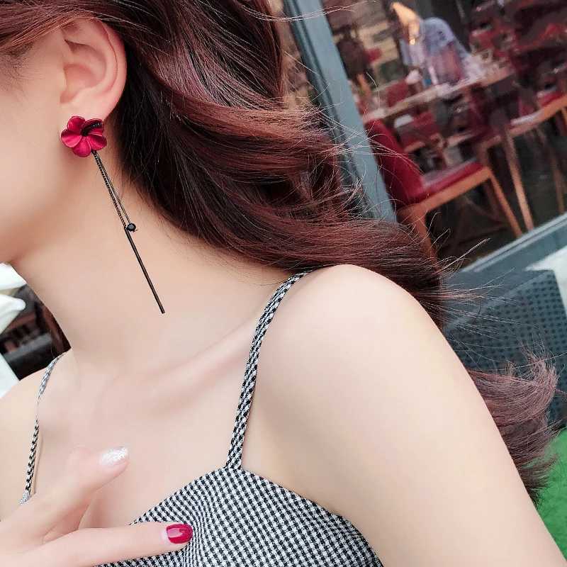 Retro Classic Wine Red Flowers Tassel Earrings For Women Temperament Long Pendant Ear Nail Korean Style Jewelry J251021