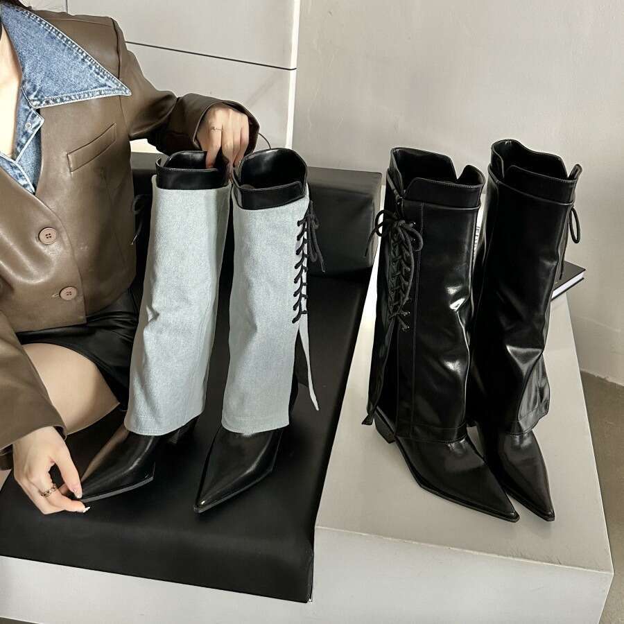 Pointed Toe Chunky High Heel Long 2025 Autumn Winter New Denim Lace-up Cuff Designer Shoe Niche Fashion Boots for Women