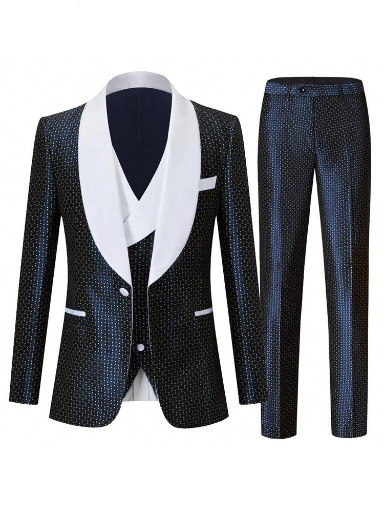 Mens threepiece slimfitting suit set including a tuxedo a singlebutton blazer a vest and stretch waist pants suitable f 251021