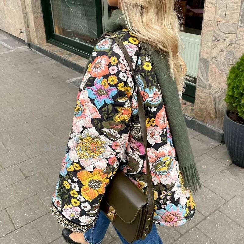 Vintage Floral Flower Printed Cotton Coat Women Fleece Thick Warm Long Sleeve Quilted Jacket Autumn Winter Women's Clothing womens coat